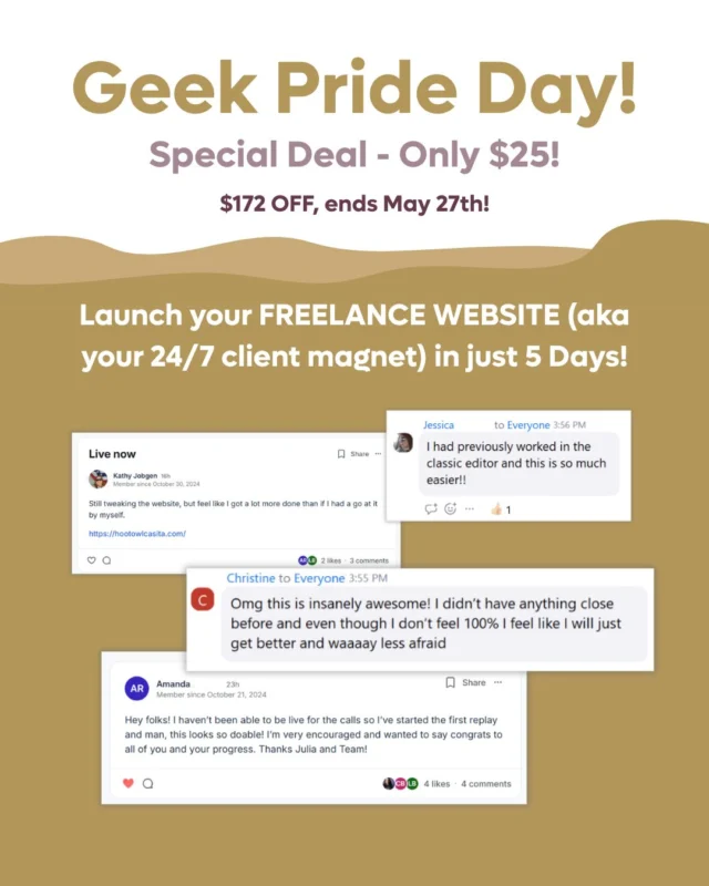 You’re constantly pouring energy into client work… but is your own website still on the back burner?

You can change that. This week. 👇

With our Geek Pride deal, you can get your hands on the popular Website in a Week Workshop for just $25 (that’s $172 OFF the regular price!)

This is your step-by-step plan to go from “someday” to a live website in just 5 days.

🛠  No coding
🌀 No decision fatigue
✋ No more delays

You’ll get done-for-you templates, plug-and-play content, hosting guidance and - the new bonus we’re SO excited about:

Our brand-new AI copy assistant, the CopyCraft GPT, to help you write your pages with clarity and confidence.

But this deal goes away TODAY, May 27 and it’ll go back to its original $197 price.

Use code: GEEKPRIDE today to get it for just $25.

🔗 Comment ‘GEEKPRIDE’ for the link! → Let’s finally get this off your to-do list.

#WebsiteInAWeek #WomenEntrepreneurs #FreelanceWebDesigner #SmallBusinessSupport #LaunchWithConfidence #CopywritingHelp #WomenInTech #ClientMagnetWebsite #BusinessGlowUp